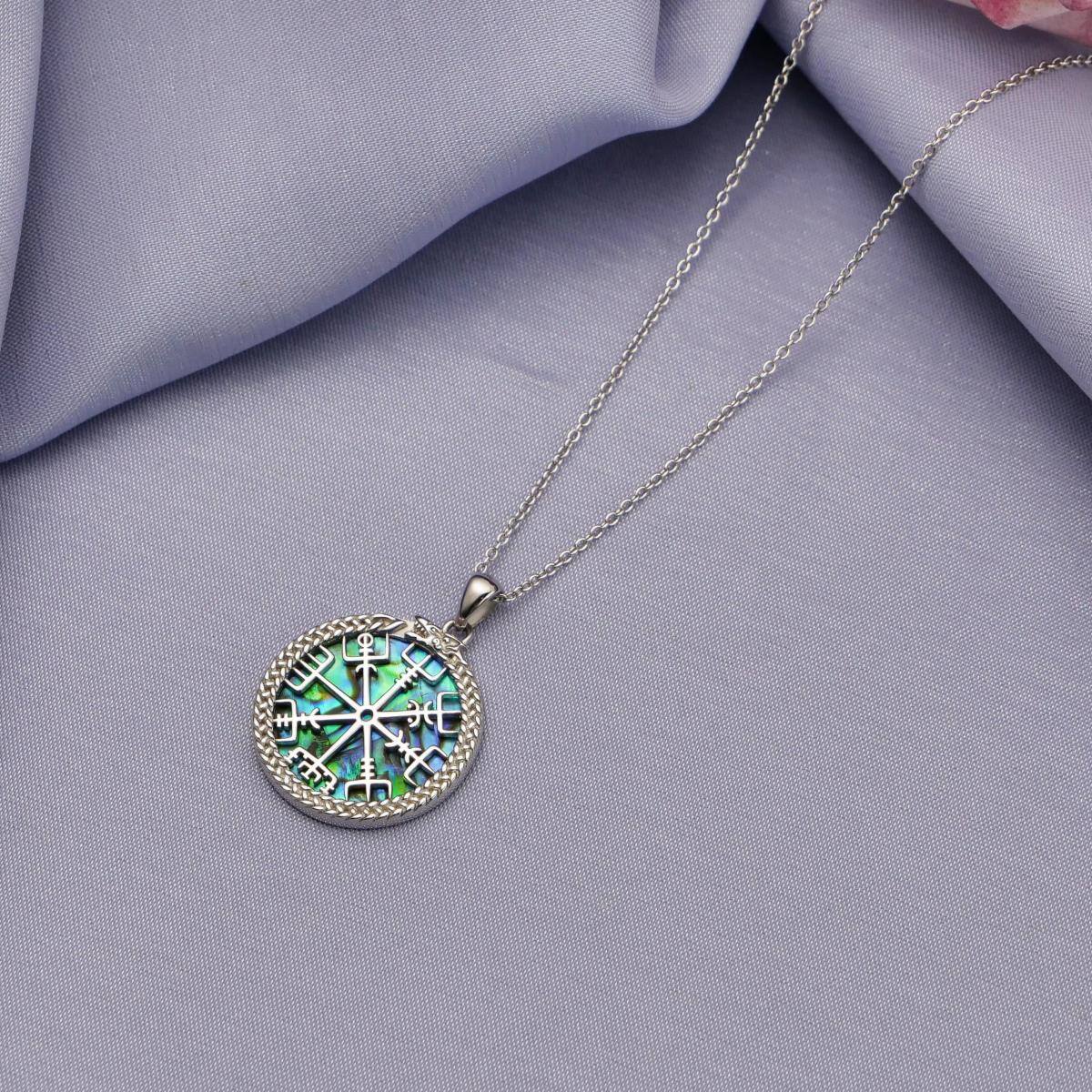 Sterling Silver Abalone Shellfish Viking Rune Vegvisir Pendant Necklace-3