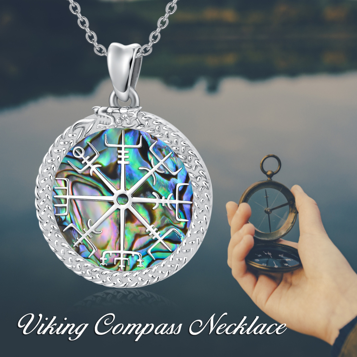 Sterling Silver Abalone Shellfish Viking Rune Vegvisir Pendant Necklace-6