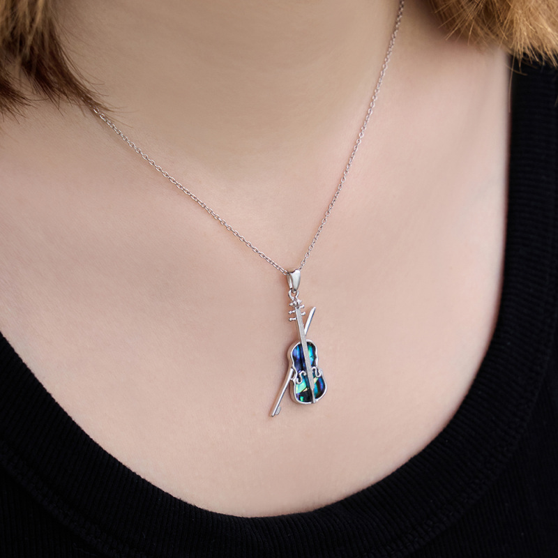 Sterling Silver Abalone Shellfish Violin Pendant Necklace-2