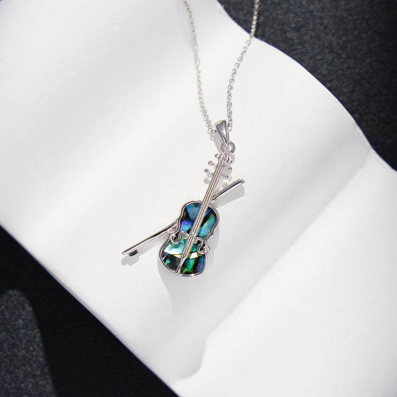 Sterling Silver Abalone Shellfish Violin Pendant Necklace-4