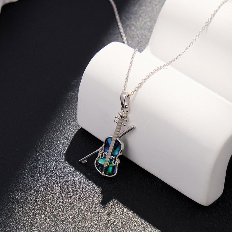 Sterling Silver Abalone Shellfish Violin Pendant Necklace-5