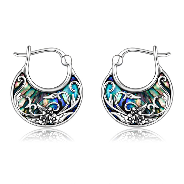 Sterling Silver Abalone Shellfish Wildflowers Hoop Earrings-1