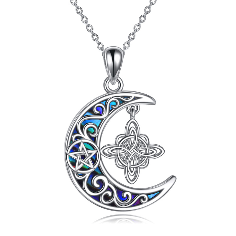 Sterling Silver Abalone Shellfish Witch Knot & Moon Pentacle Pendant Necklace-6