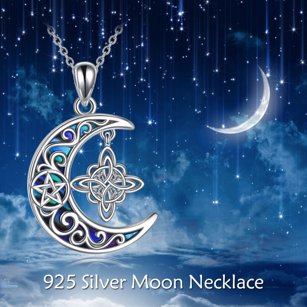 Sterling Silver Abalone Shellfish Witch Knot & Moon Pentacle Pendant Necklace-3