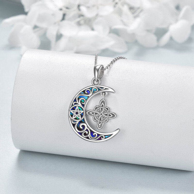 Sterling Silver Abalone Shellfish Witch Knot & Moon Pentacle Pendant Necklace-4