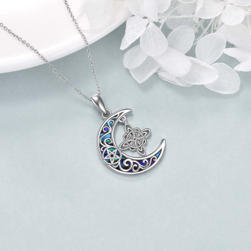 Sterling Silver Abalone Shellfish Witch Knot & Moon Pentacle Pendant Necklace-5