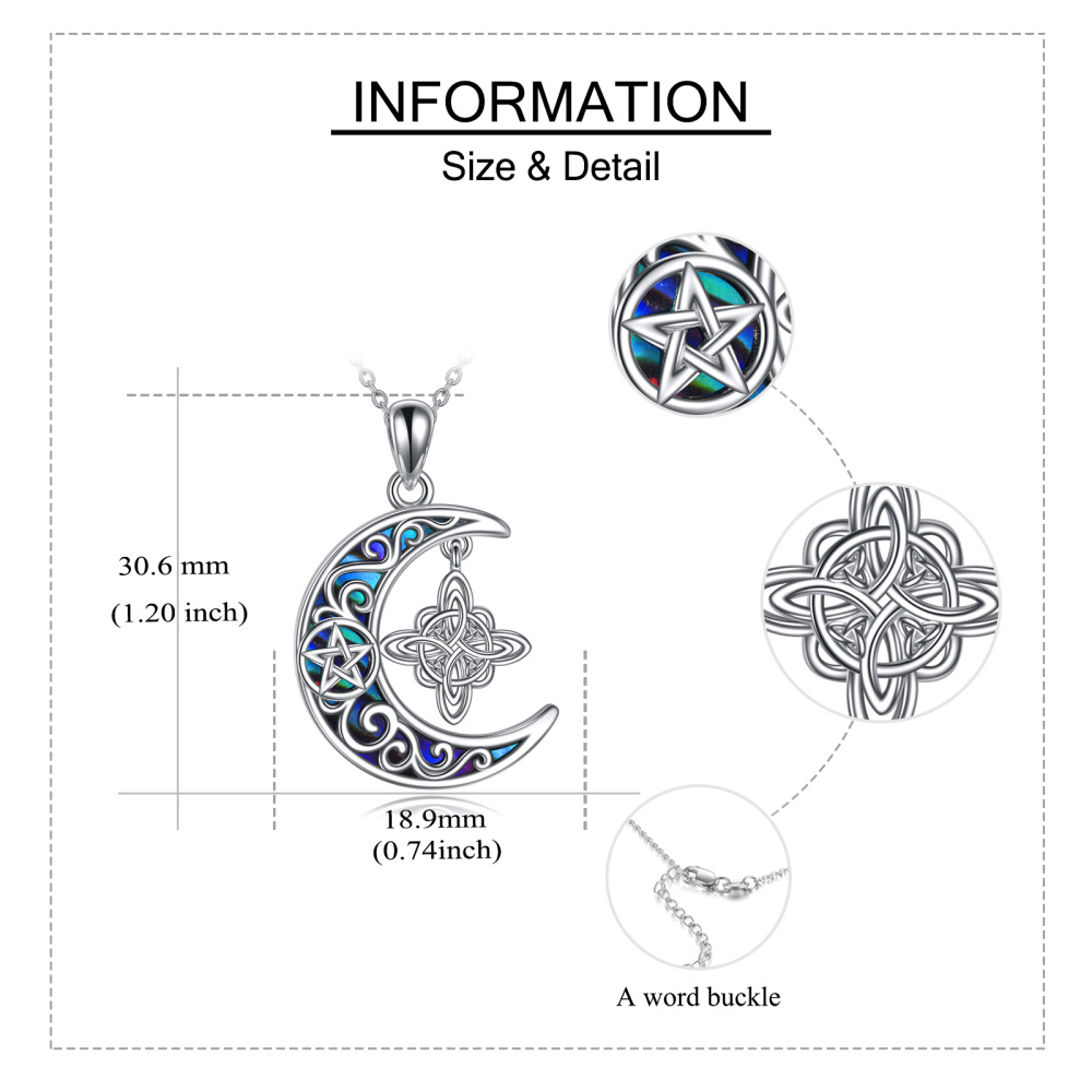 Sterling Silver Abalone Shellfish Witch Knot & Moon Pentacle Pendant Necklace-6