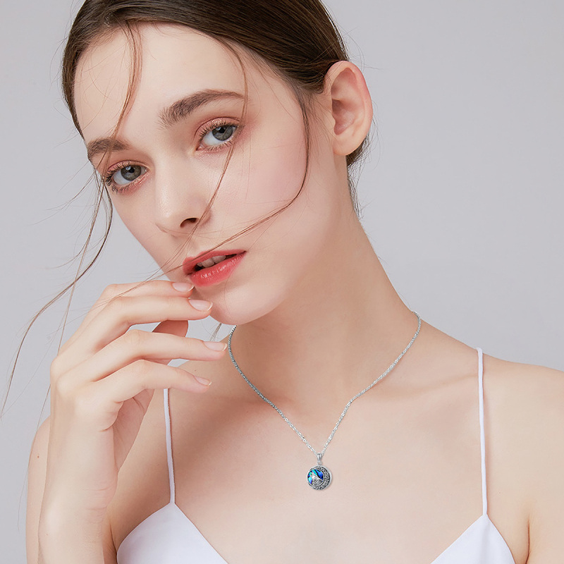 Sterling Silver Round Abalone Shellfish Wolf & Celtic Knot & Moon Personalized Photo Locket Necklace With Engraved Word For Women-2