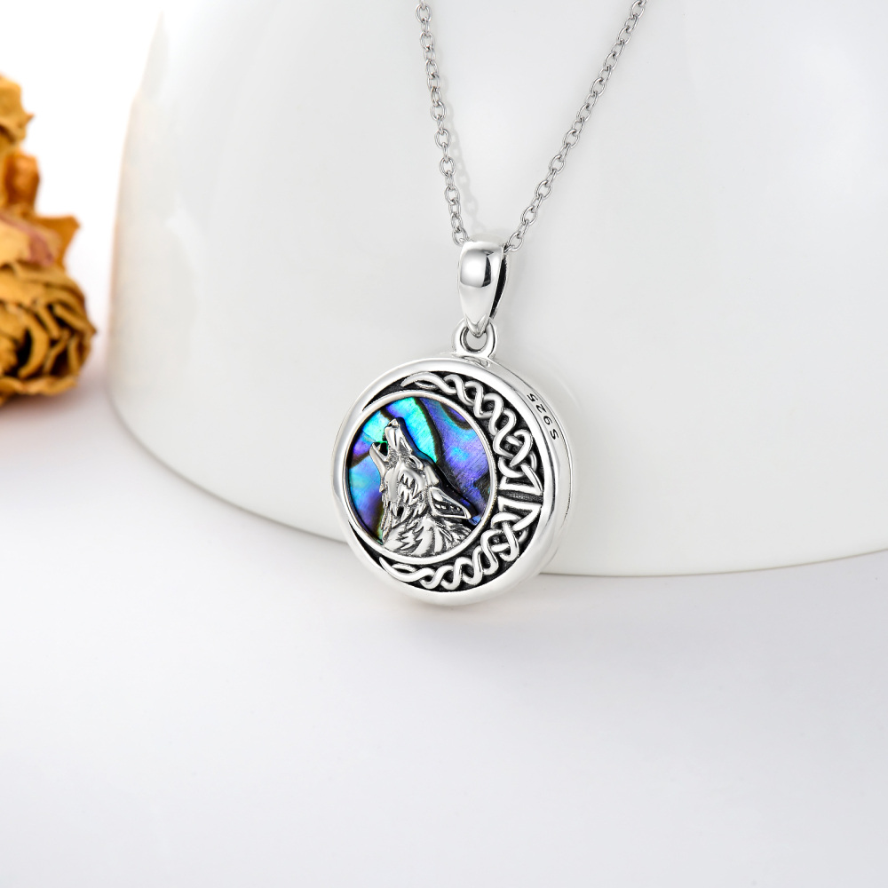 Sterling Silber Runde Abalone Muschel Wolf & Keltischer Knoten & Mond Personalisierte Foto-Medaillon-Halskette mit eingraviertem Wort für Frauen-3