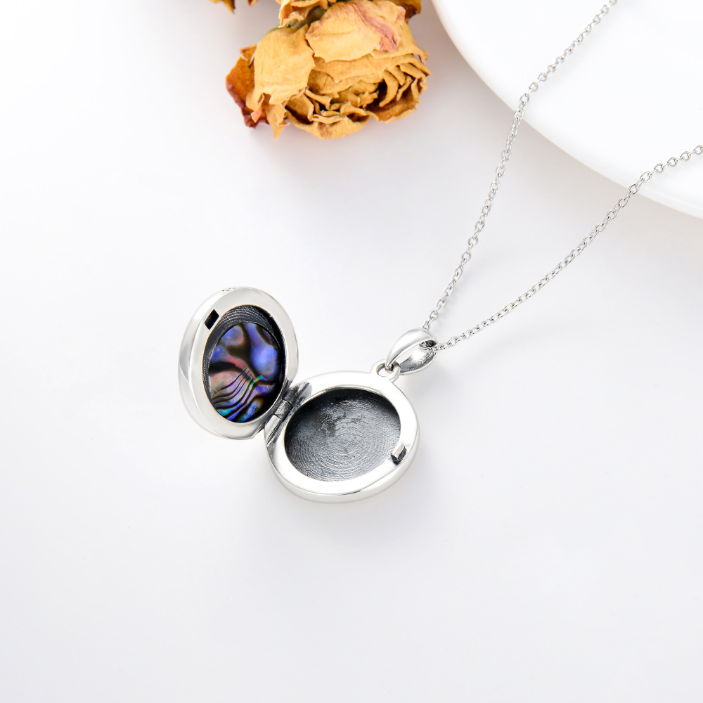 Sterling Silber Runde Abalone Muschel Wolf & Keltischer Knoten & Mond Personalisierte Foto-Medaillon-Halskette mit eingraviertem Wort für Frauen-4