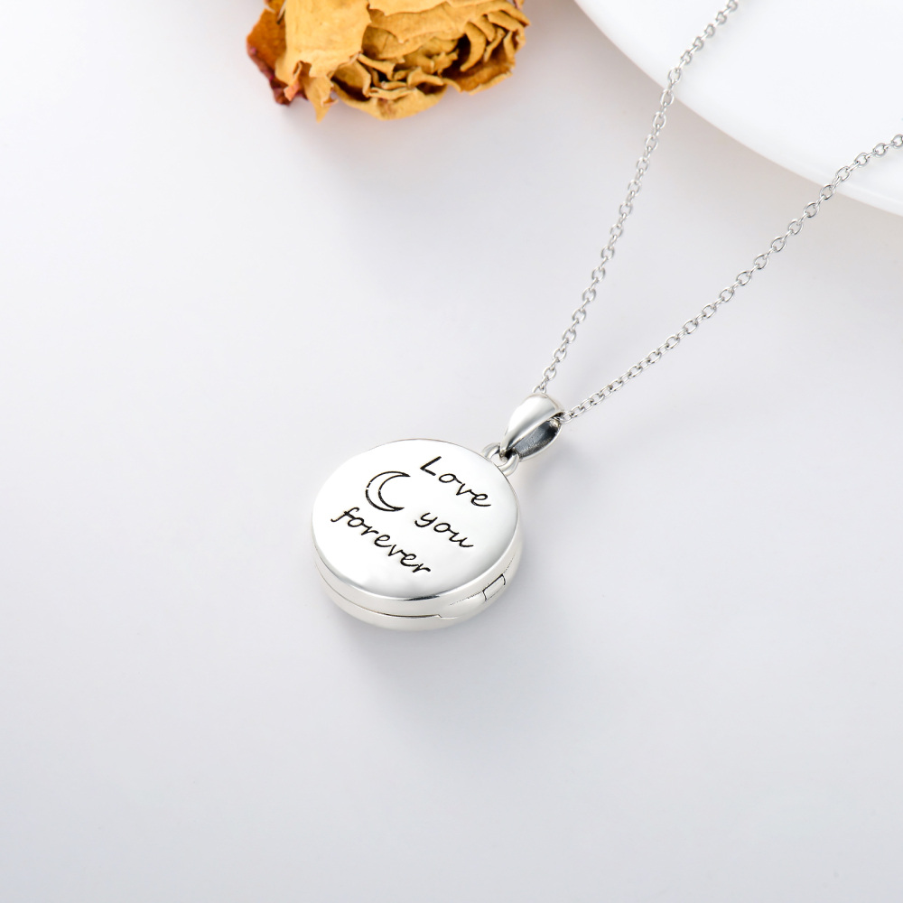 Sterling Silber Runde Abalone Muschel Wolf & Keltischer Knoten & Mond Personalisierte Foto-Medaillon-Halskette mit eingraviertem Wort für Frauen-5