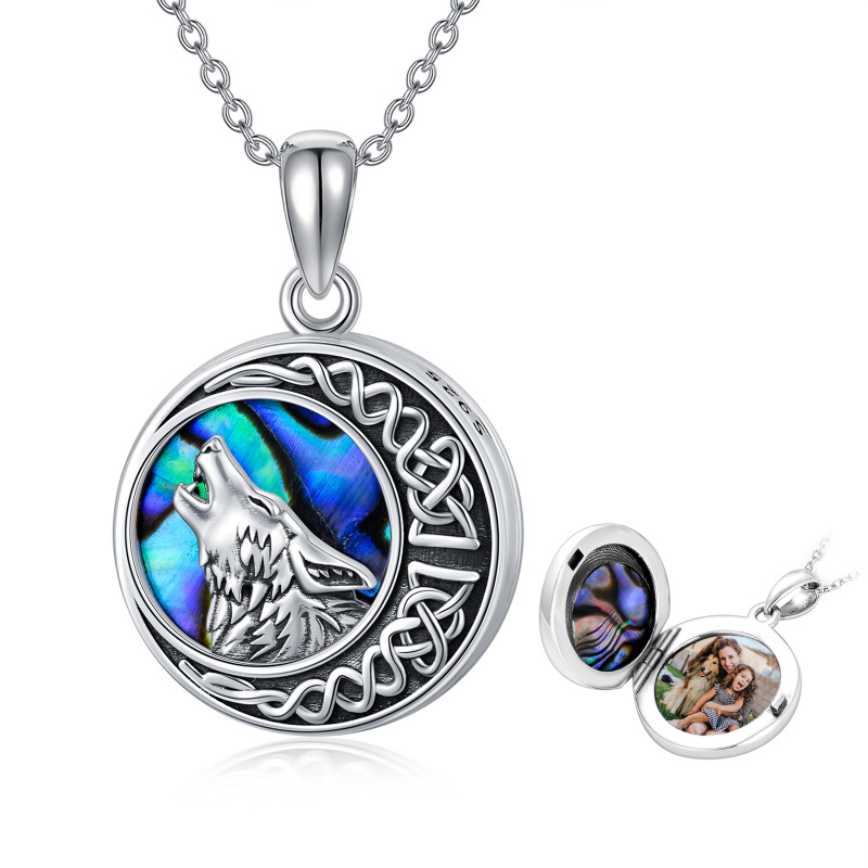 Sterling Silver Round Abalone Shellfish Wolf & Celtic Knot & Moon Personalized Photo Locket Necklace With Engraved Word For Women-1