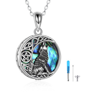 Sterling Silver Abalone Shellfish Wolf & Celtic Knot Urn Necklace for Ashes with Engraved Word-41