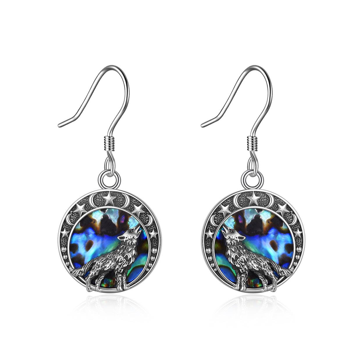 Orecchini pendenti con lupo e crostacei abalone in argento sterling