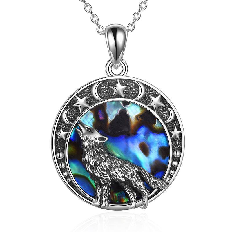 Sterling Silver Abalone Shellfish Wolf Pendant Necklace-1