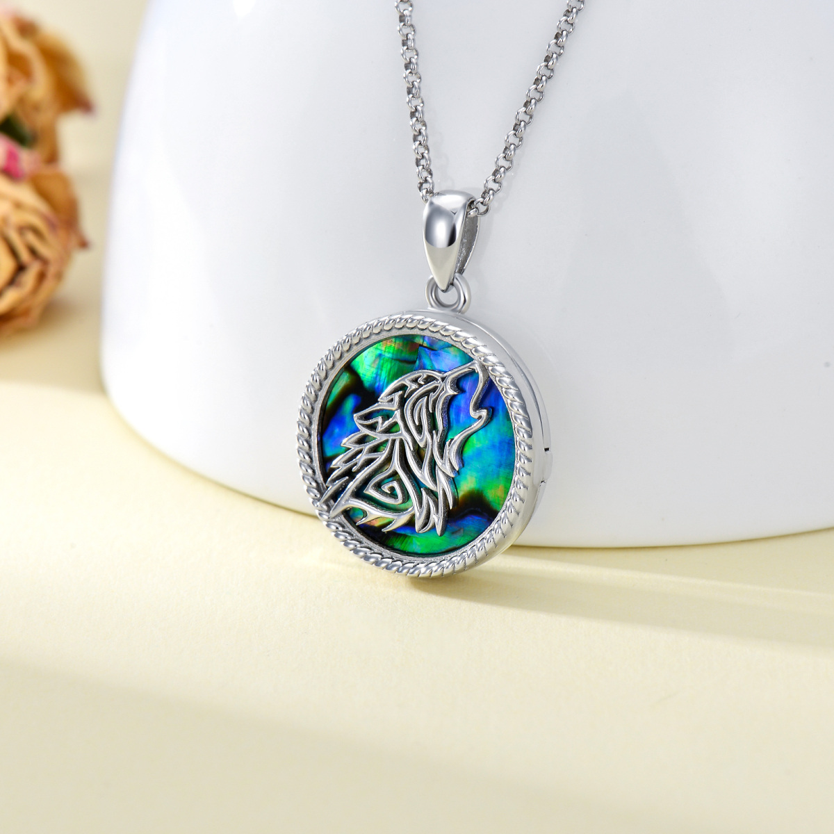 Srebrny naszyjnik z muszlą małży Abalone Shellfish Wolf Personalized Photo Locket dla mężczyzn-4