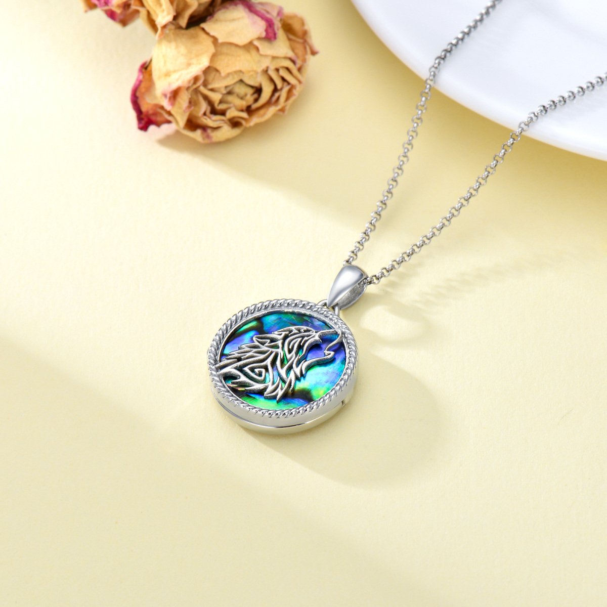 Srebrny naszyjnik z muszlą małży Abalone Shellfish Wolf Personalized Photo Locket dla mężczyzn-5