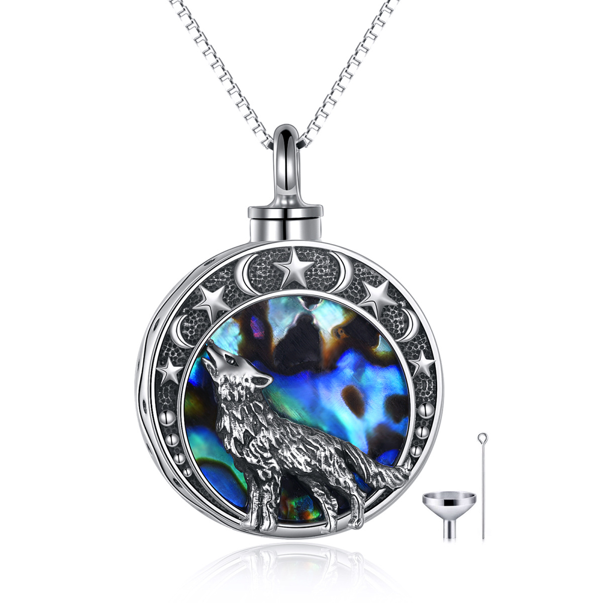 Collana di urna per ceneri in argento sterling con crostacei Abalone e Lupo con parola incisa-1