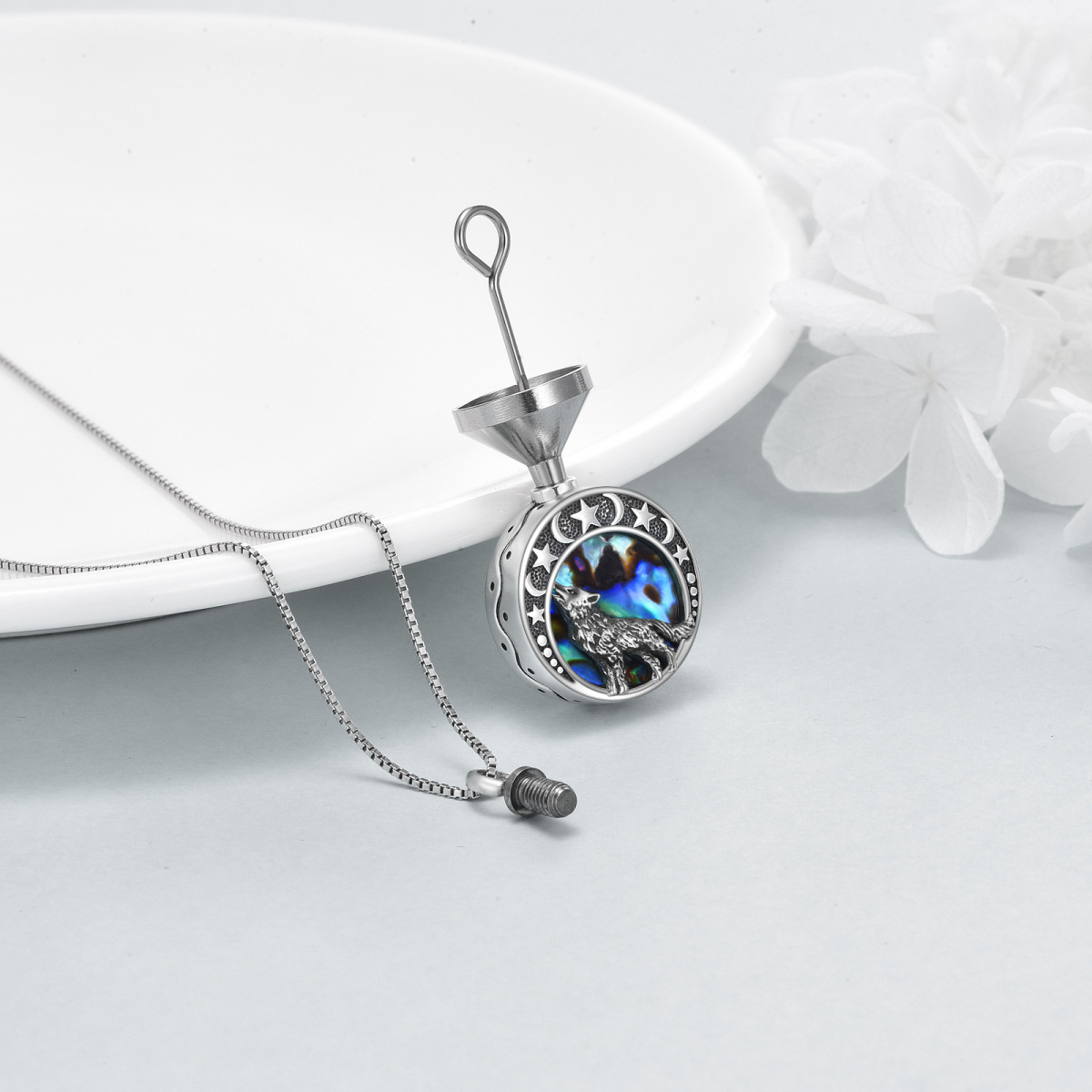 Collana di urna per ceneri in argento sterling con crostacei Abalone e Lupo con parola incisa-3