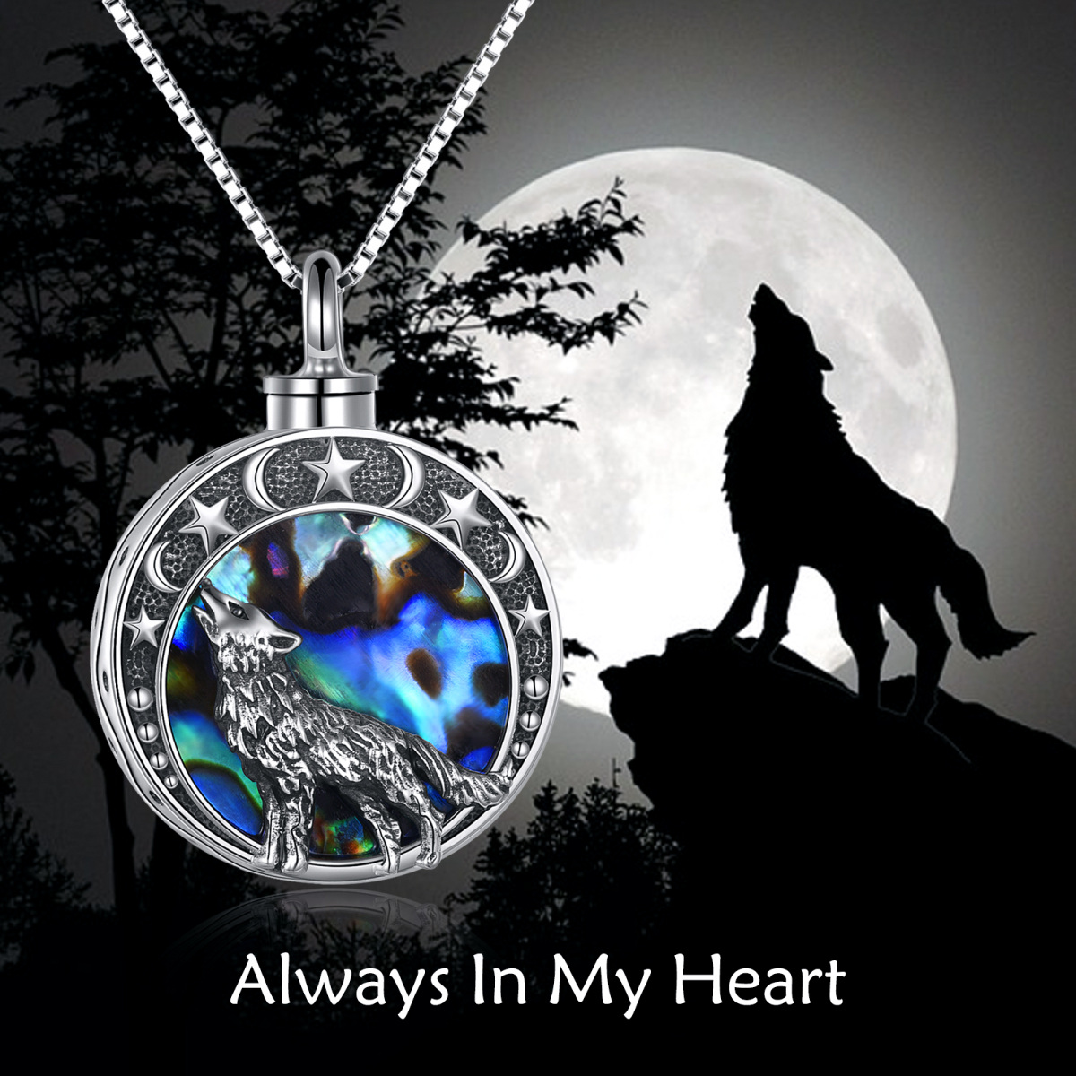 Sterling Silver Abalone Shellfish Wolf Urn Necklace for Ashes with Engraved Word-6