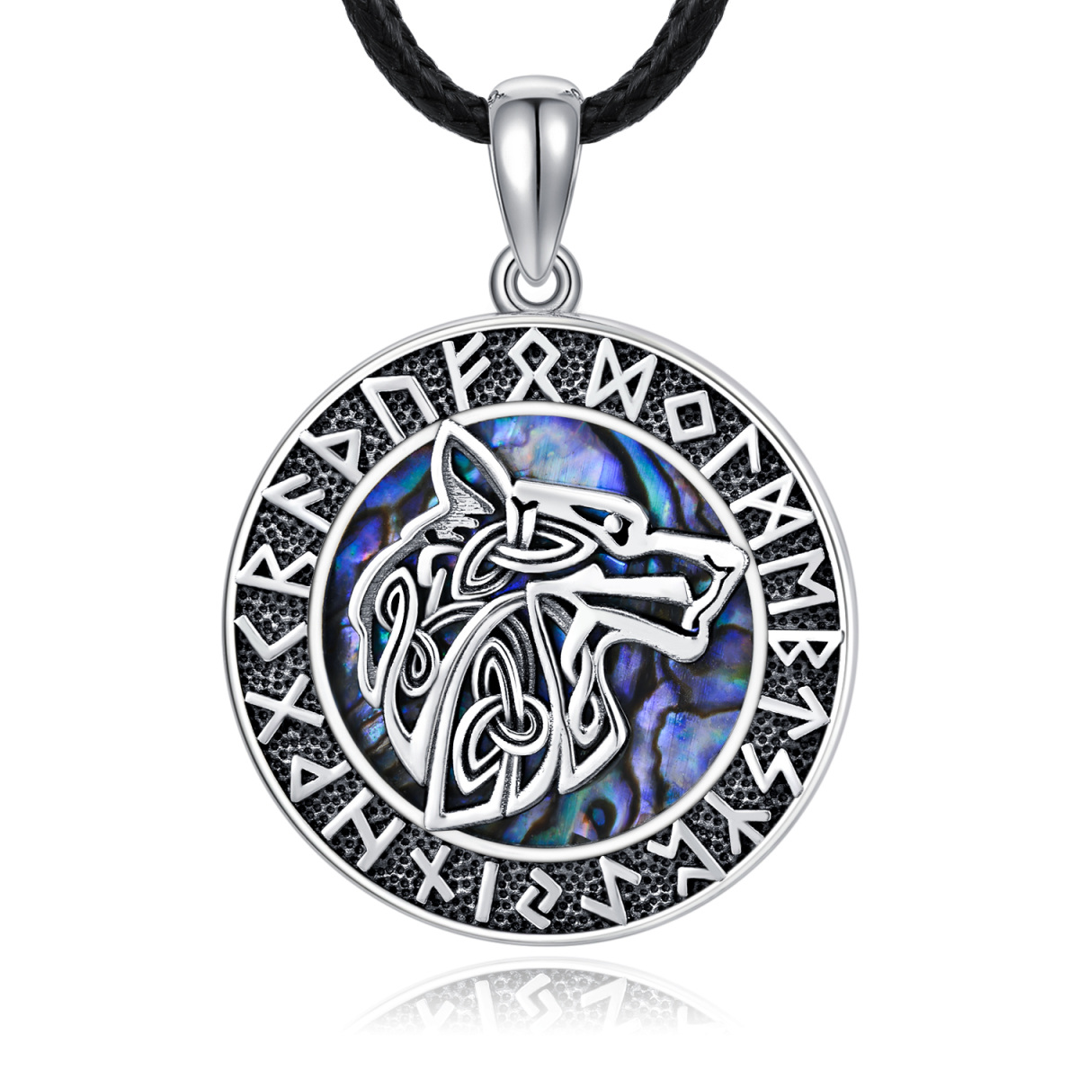 Collier en argent sterling avec pendentif Abalone Shellfish Wolf & Viking Rune pour hommes-1