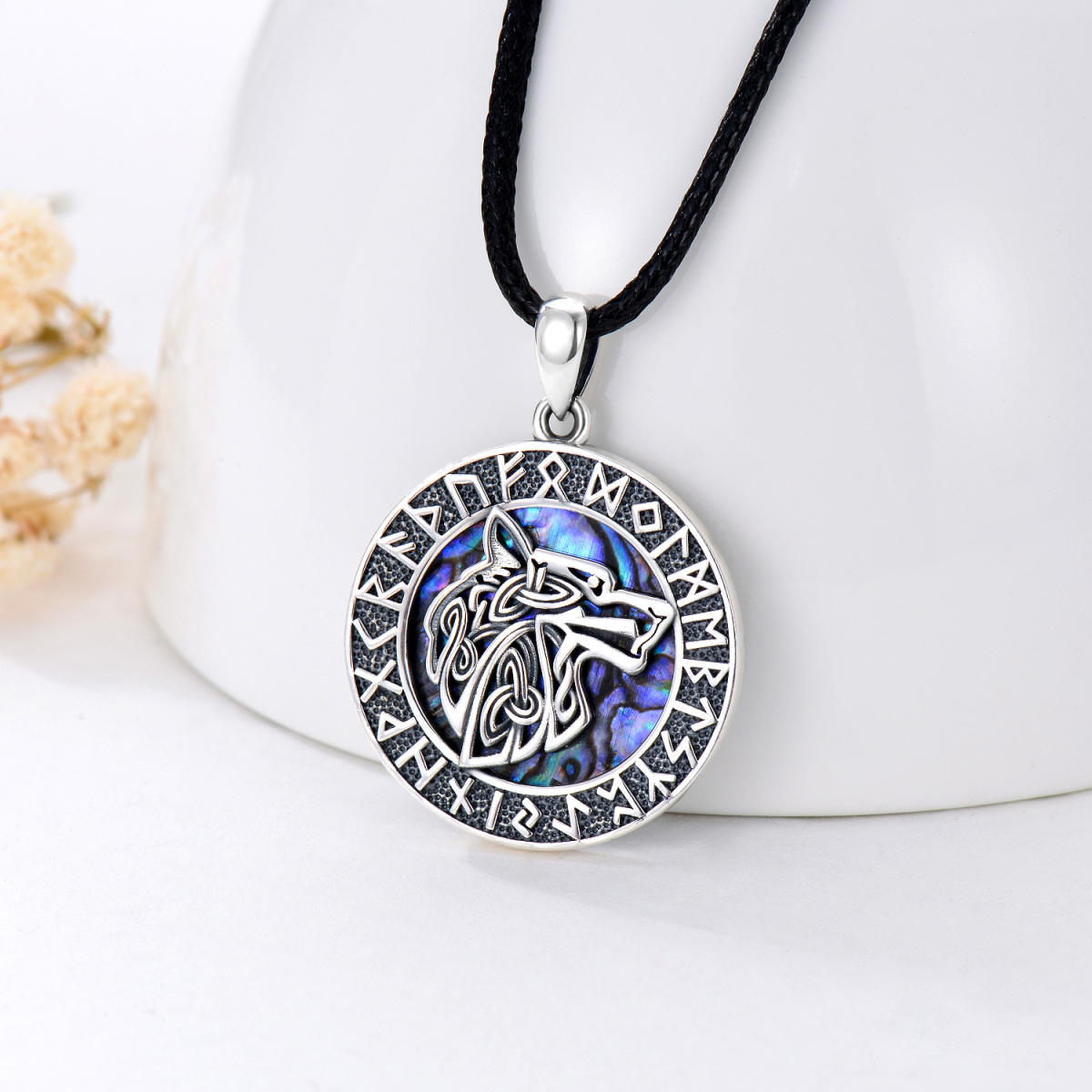 Collier en argent sterling avec pendentif Abalone Shellfish Wolf & Viking Rune pour hommes-4