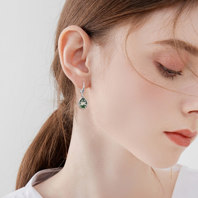 Pendientes con cierre de palanca en forma de gota de ágata de plata de ley-2