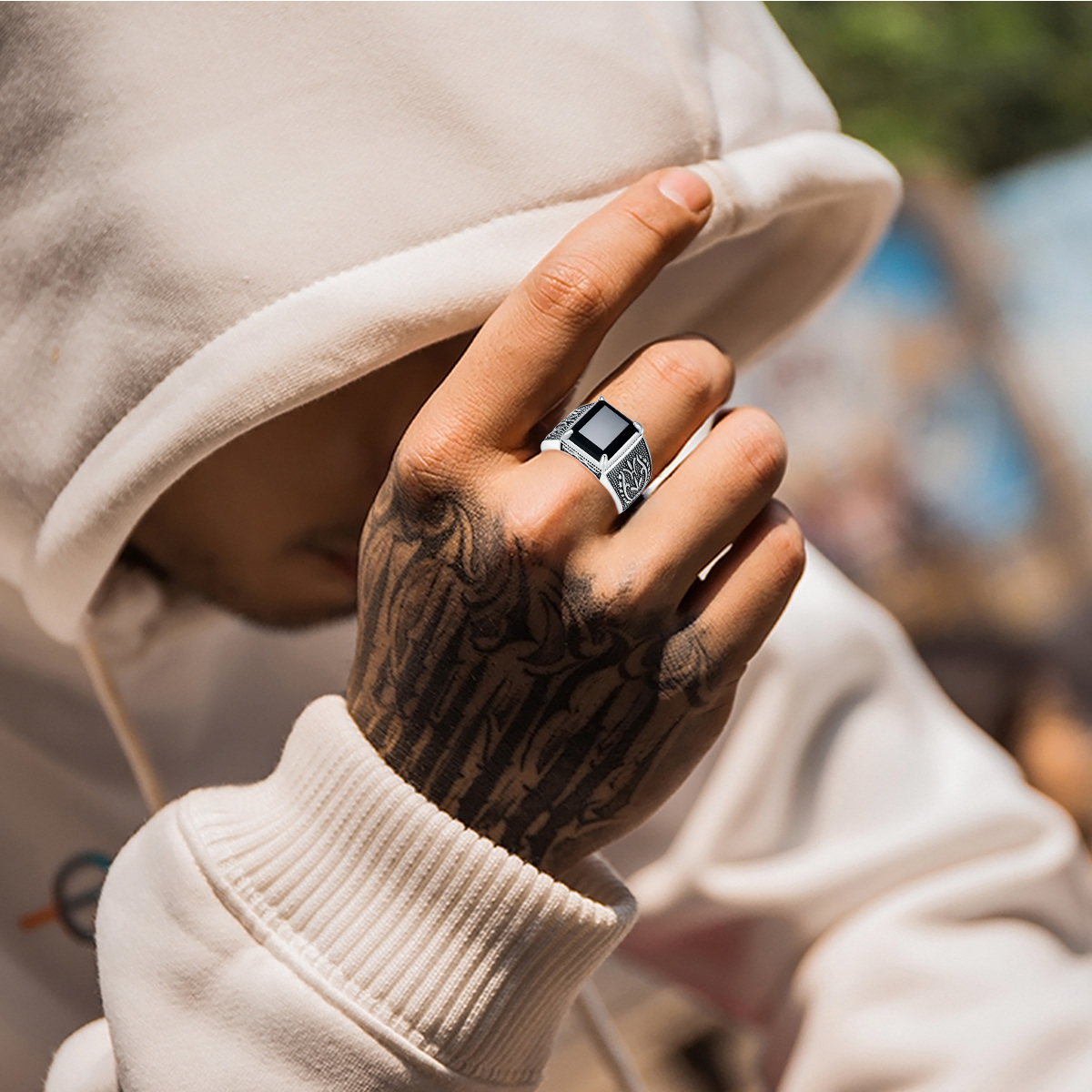 Bague père et fils en argent Sterling Agate pour hommes-2