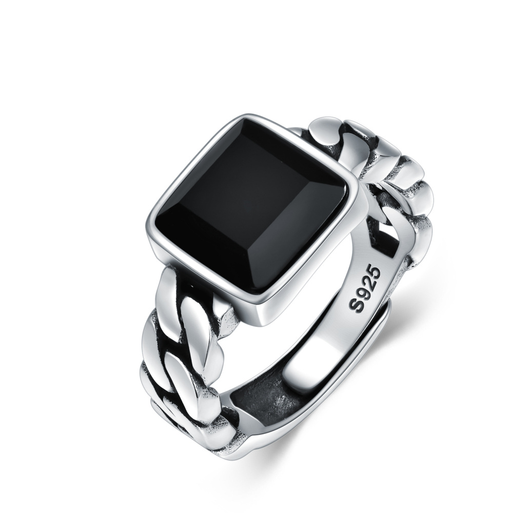 Sterling Silver Agate Square Open Ring for Men-1