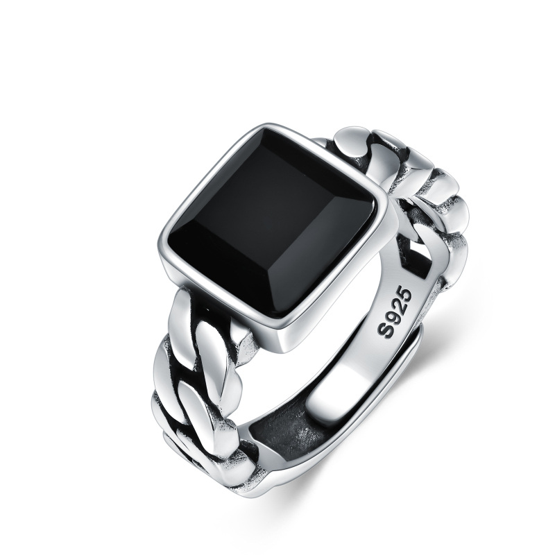 Sterling Silver Agate Square Open Ring for Men