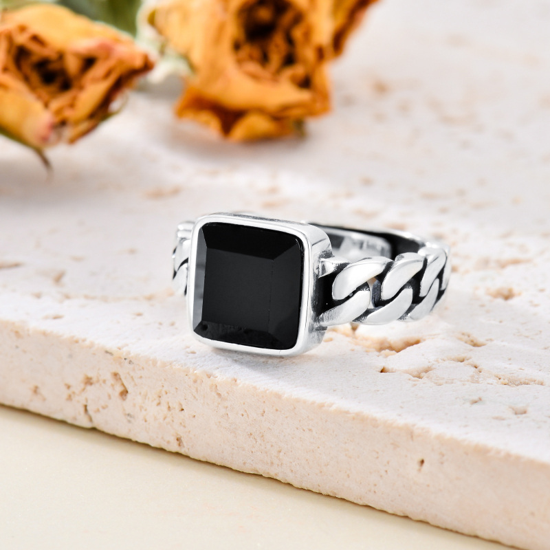 Sterling Silver Agate Square Open Ring for Men-3