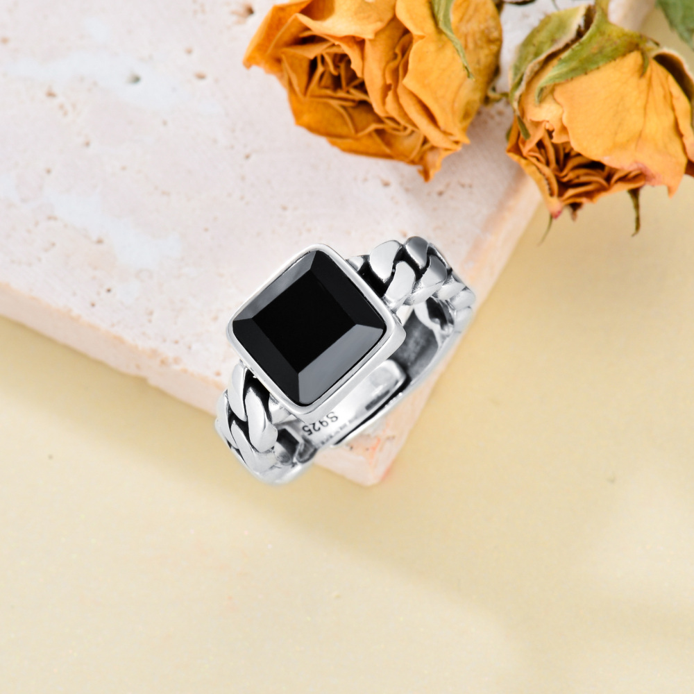 Sterling Silver Agate Square Open Ring for Men-4