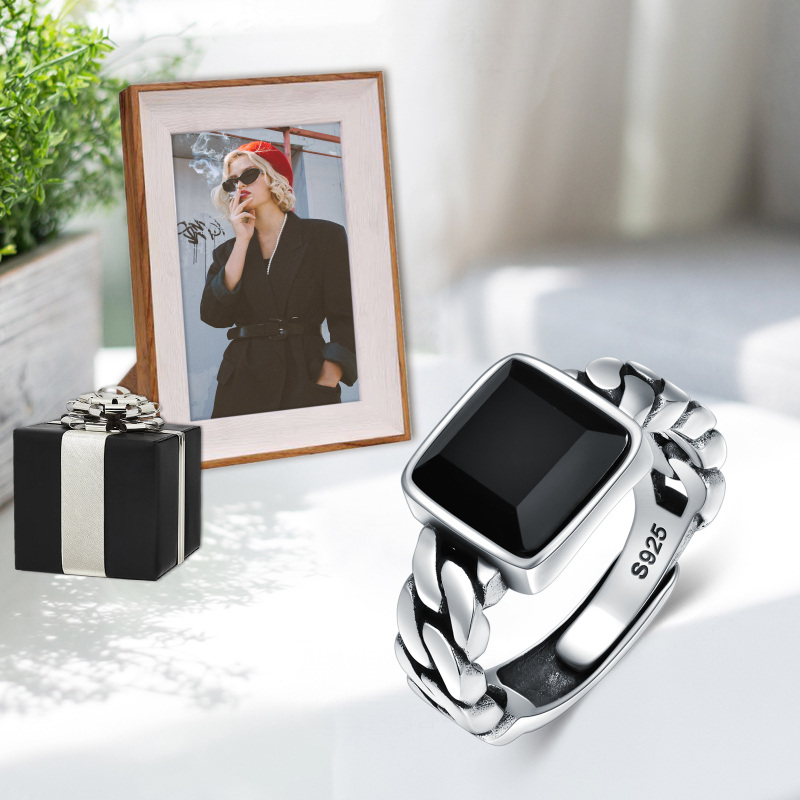 Sterling Silver Agate Square Open Ring for Men-5