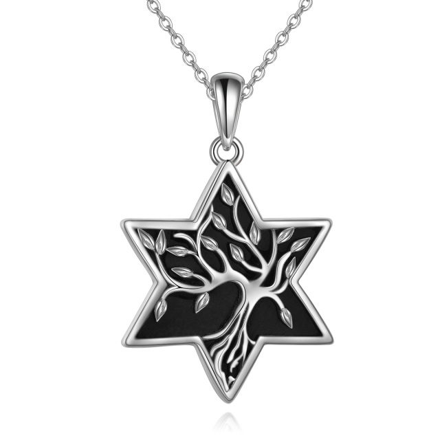 Sterling Silver Agate Tree Of Life & Star Of David Pendant Necklace-1