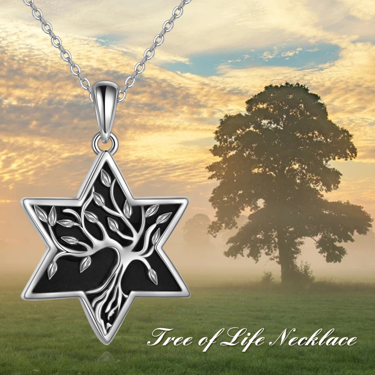 Sterling Silver Agate Tree Of Life & Star Of David Pendant Necklace-5