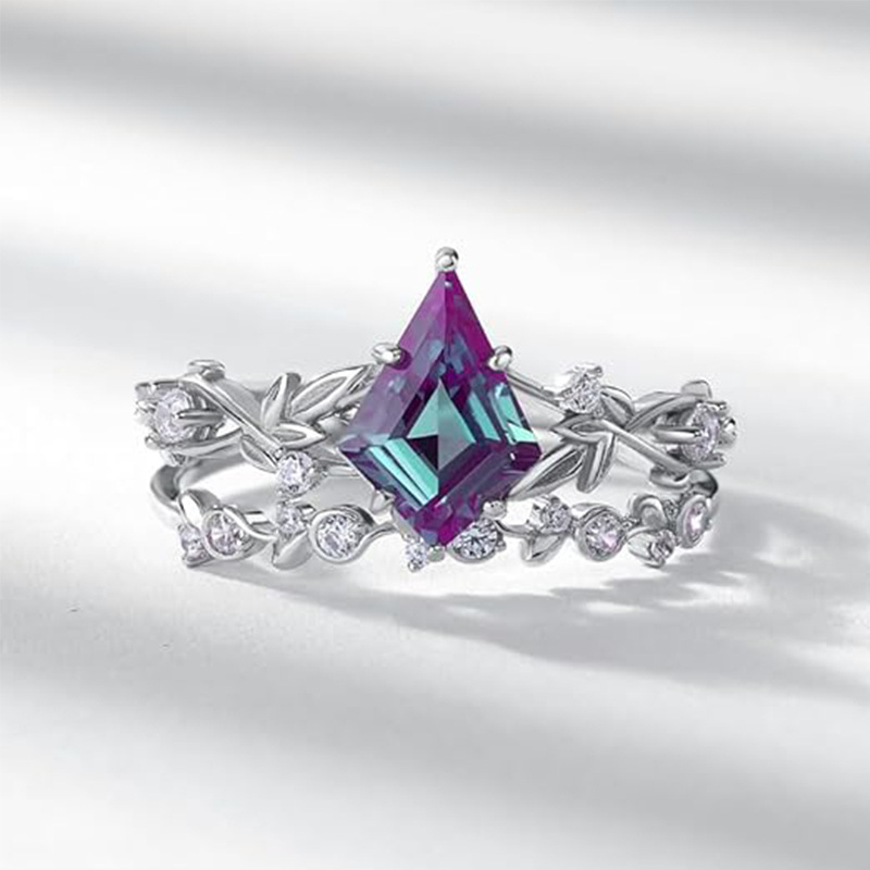 Bague de fiançailles pour couple en argent sterling avec alexandrite et moissanite gravée personnalisée-3