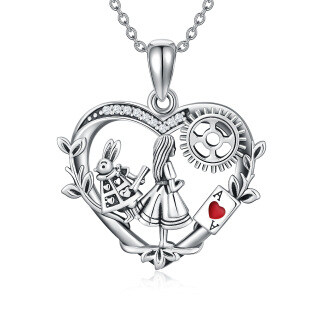 Sterling Silver Cubic Zirconia Alice In The Wonderland & Heart Pendant Necklace-13