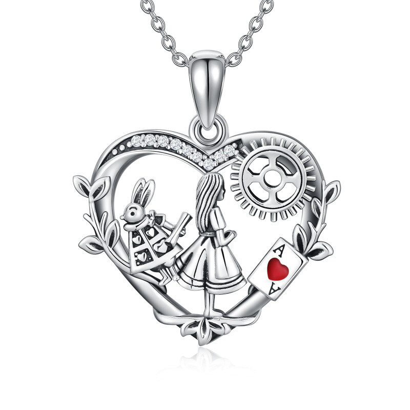 Sterling Silver Cubic Zirconia Alice In The Wonderland & Heart Pendant Necklace