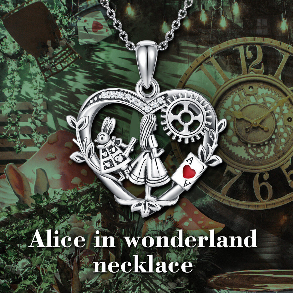 Sterling Silver Cubic Zirconia Alice In The Wonderland & Heart Pendant Necklace-3