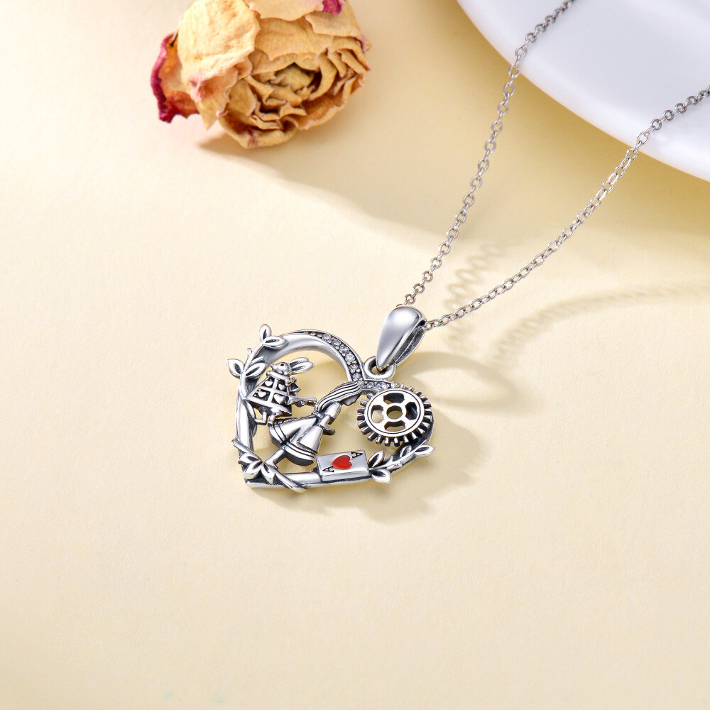 Sterling Silver Cubic Zirconia Alice In The Wonderland & Heart Pendant Necklace-4