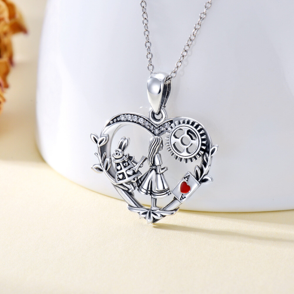 Sterling Silver Cubic Zirconia Alice In The Wonderland & Heart Pendant Necklace-5