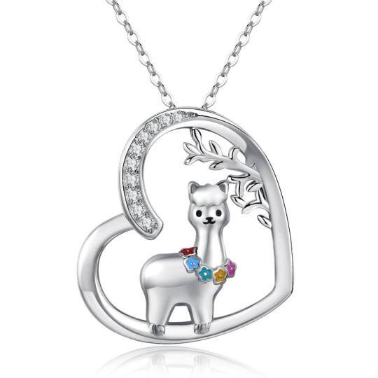 Sterling Silver Cubic Zirconia Alpaca & Heart Pendant Necklace