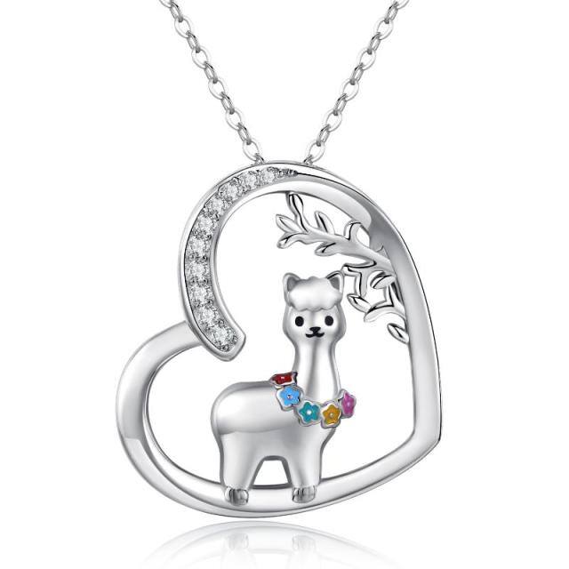 Sterling Silver Cubic Zirconia Alpaca & Heart Pendant Necklace-3