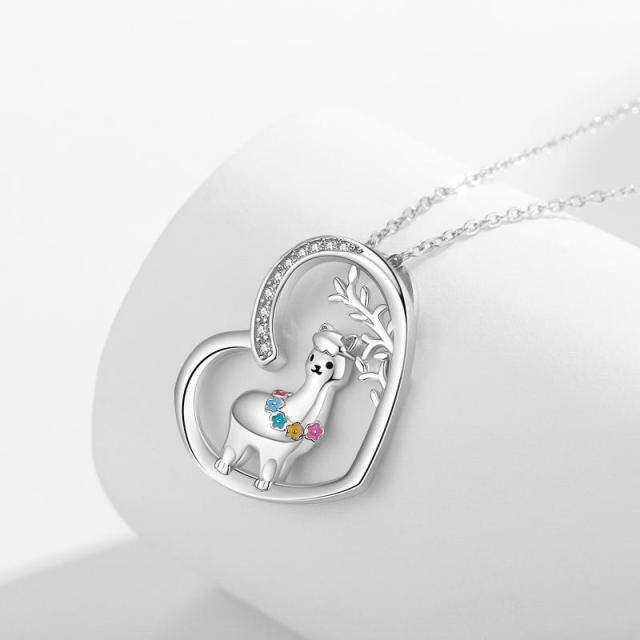 Sterling Silver Cubic Zirconia Alpaca & Heart Pendant Necklace-4