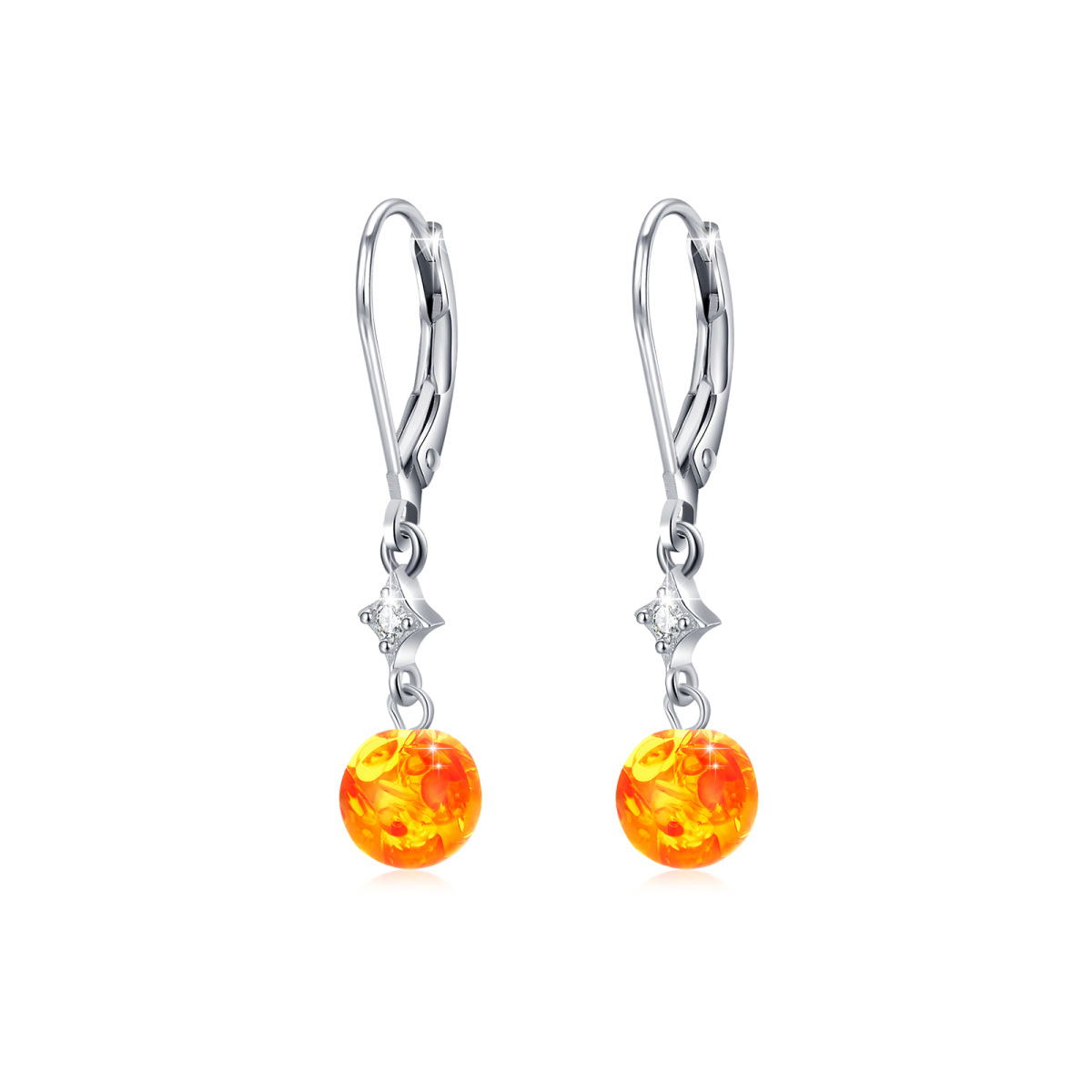 Sterling Silver Round Amber Cubic Zirconia Star Lever-Back Earrings For Women-1