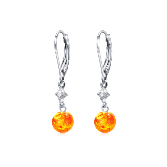 Sterling Silver Round Amber Cubic Zirconia Star Lever-Back Earrings For Women