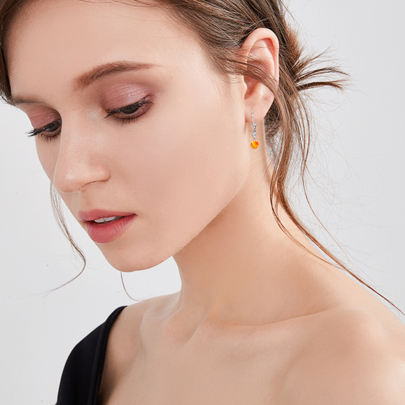 Srebrne, okrągłe kolczyki z bursztynowymi cyrkoniami z dźwignią dla kobiet-3