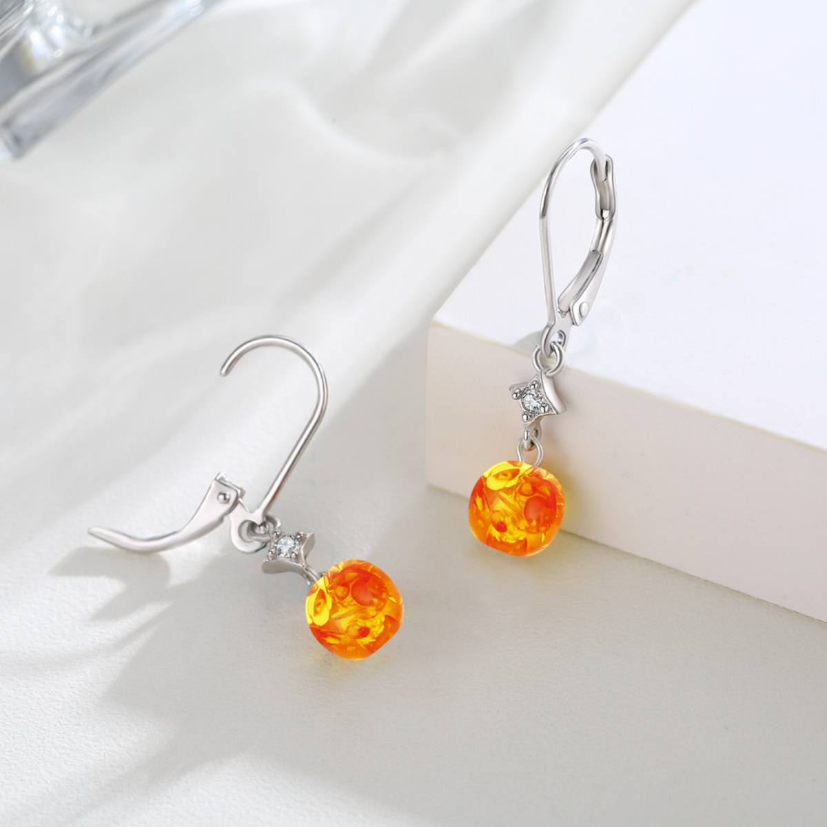 Sterling Silver Round Amber Cubic Zirconia Star Lever-Back Earrings For Women-4