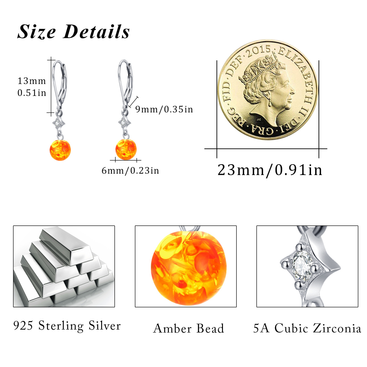 Sterling Silver Round Amber Cubic Zirconia Star Lever-Back Earrings For Women-5