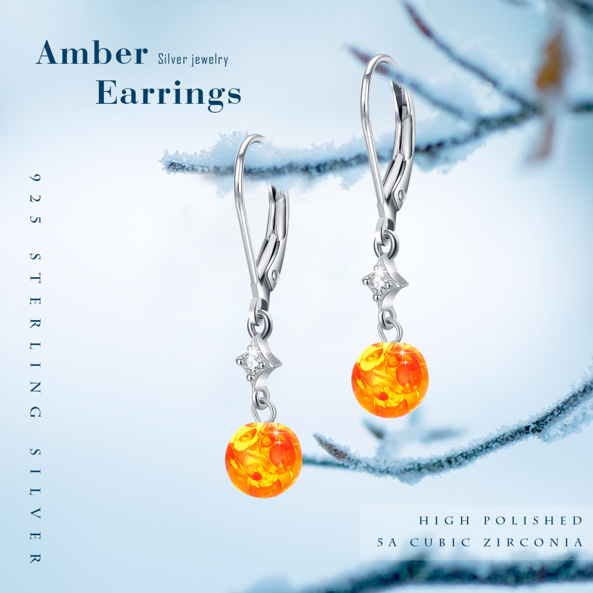 Sterling Silver Round Amber Cubic Zirconia Star Lever-Back Earrings For Women-6